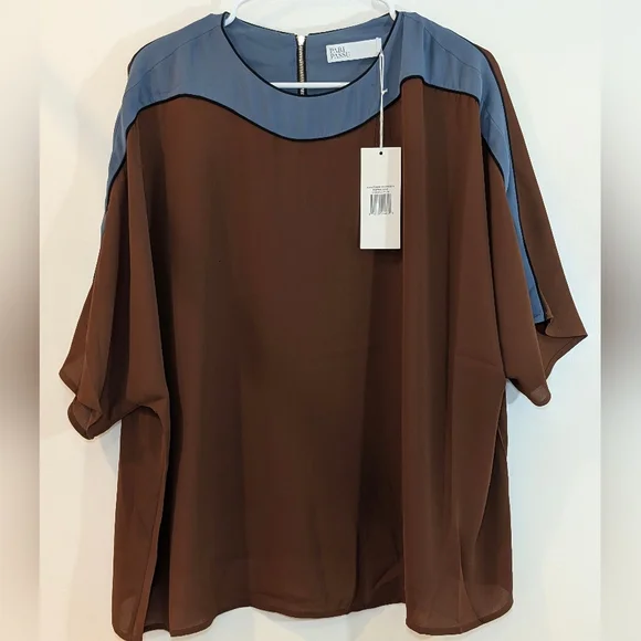 Pari Passu Women's Plus Size 16 Georgette Marni Top Brown Blue Luxury Blouse NWT - Picture 4 of 7